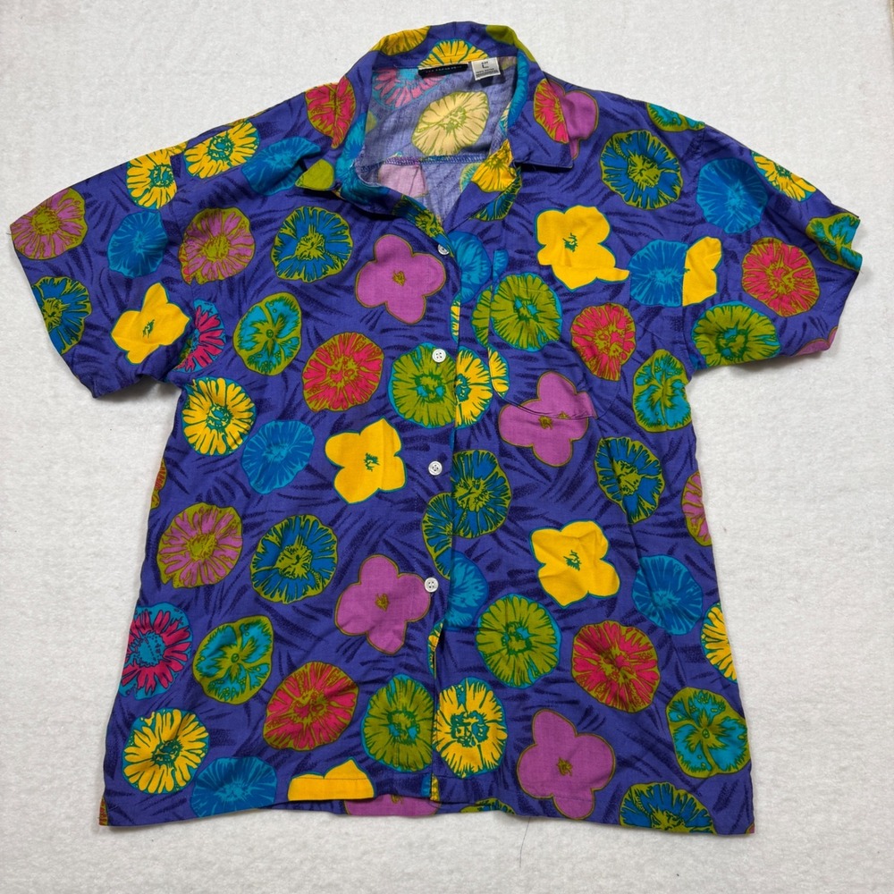 Gitano Vintage 90s Purple Floral Summer Short Sleeve Button Down Shirt Womens L